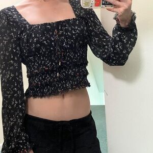 Free People Floral Black Long Sleeve Women's Top